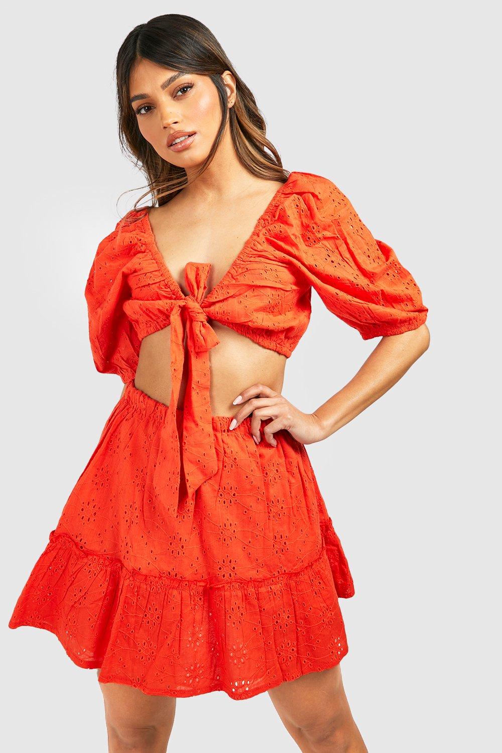 boohoo Eyelet Knot Top Ruffle Hem Skirt Red Size 4